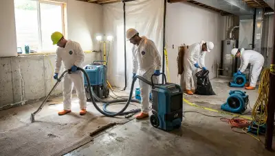 Tulsa, OK water damage crew removing basement floodwater from a flooded home