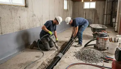Tulsa, OK water damage restoration crew waterproofing a basement in a home