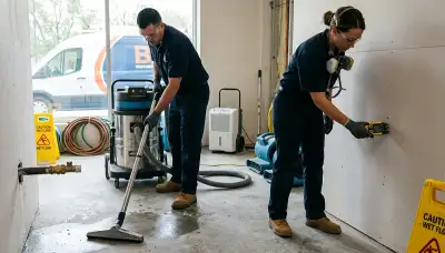 Tulsa, OK water-damage technicians performing burst pipe cleanup in a flooded home