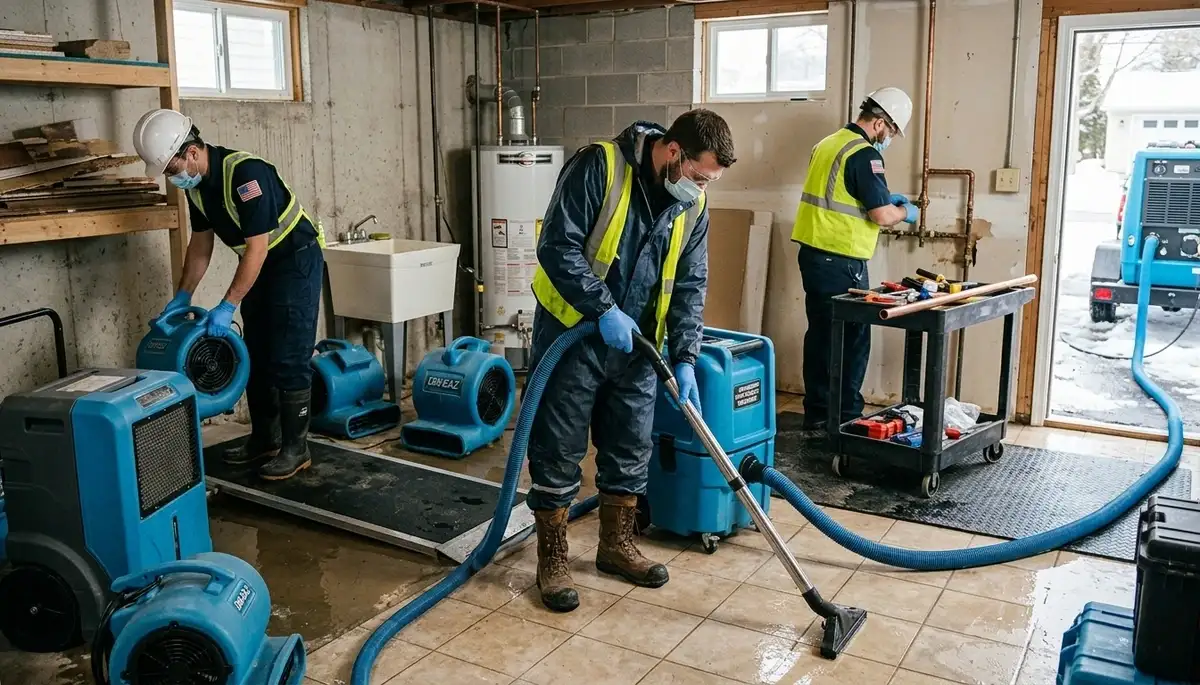 Tulsa, OK water-damage crew cleaning up burst pipe damage in a home with professional drying equipment