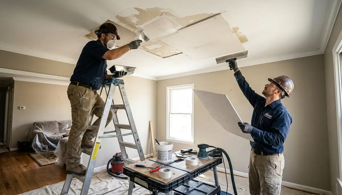 Tulsa, OK water damage team repairing a home ceiling with stains and sagging drywall