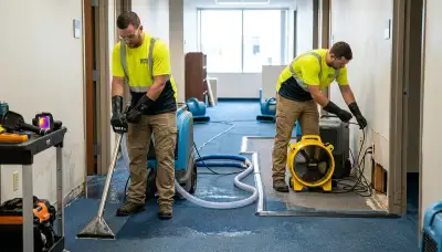 Commercial water damage restoration crew in Tulsa, OK removing floodwater from a business property