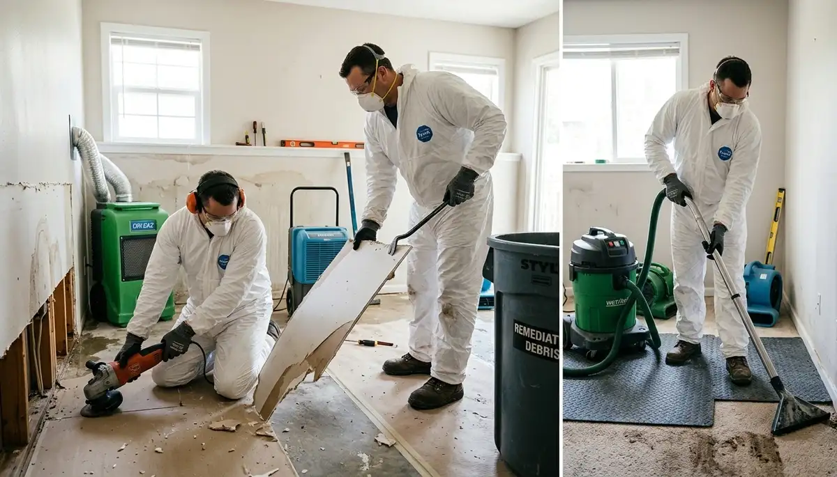Flood damage cleanup crew in Tulsa, OK restoring a water-damaged home after storm flooding