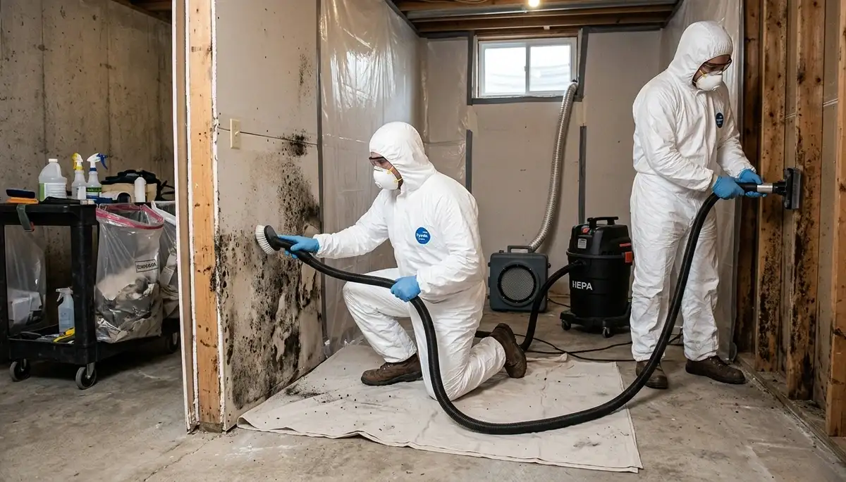 Tulsa, OK water damage restoration team removing mold from a home interior