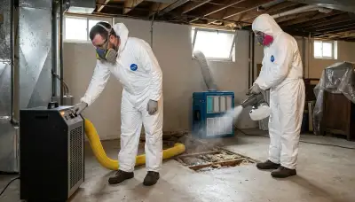 Tulsa, OK water damage odor removal team inspecting moisture and sewage smell in a home