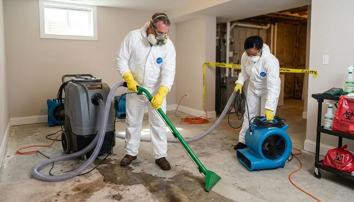 Tulsa, OK crew cleaning sewer backup damage in a home with water extraction equipment