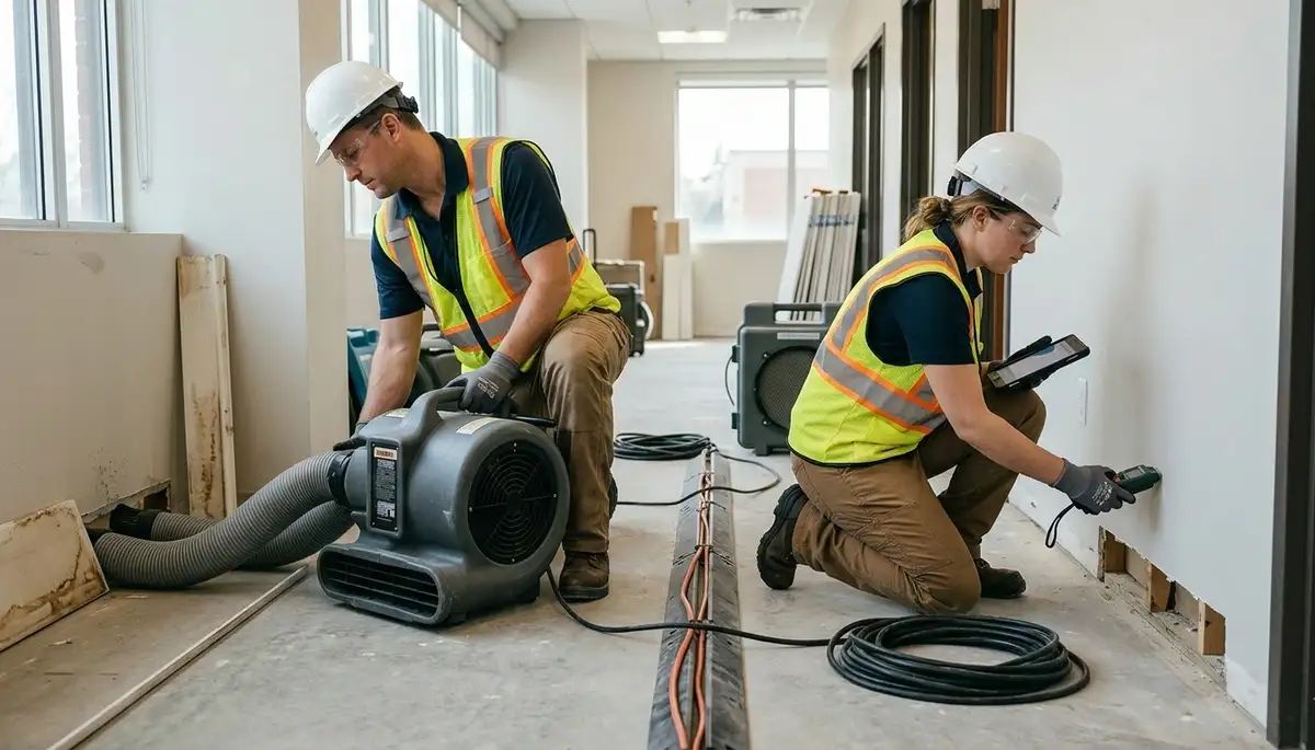 Tulsa, OK water damage restoration team performing structural drying in a home