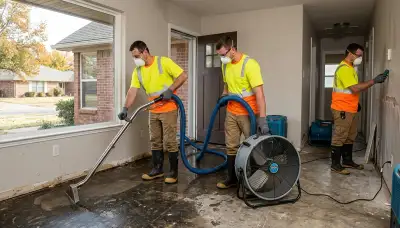 Water damage restoration team in Tulsa, OK removing water from a home floor