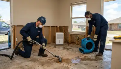 Tulsa, OK water damage restoration team inspecting flood damage in a home