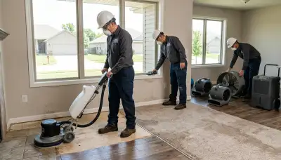 Water damage restoration team in Tulsa, OK inspecting flood damage and drying a home