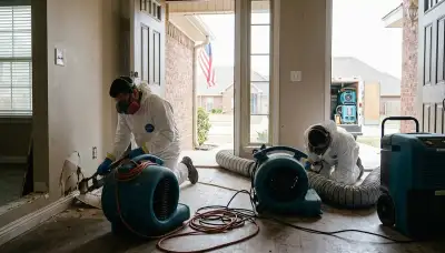 Water damage restoration team in Tulsa, OK inspecting flood-damaged property