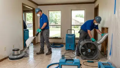 Water damage restoration team in Tulsa, OK inspecting and drying a home after flooding