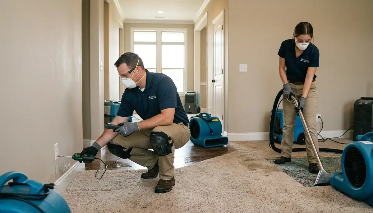 Tulsa, OK water damage restoration team inspecting a flooded property after water damage cleanup