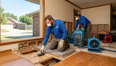 Water damage restoration team in Tulsa, OK inspecting property after flood damage