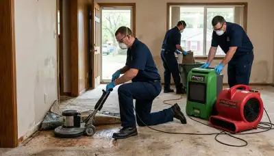 Water damage restoration team in Tulsa, OK inspecting and drying a flooded home