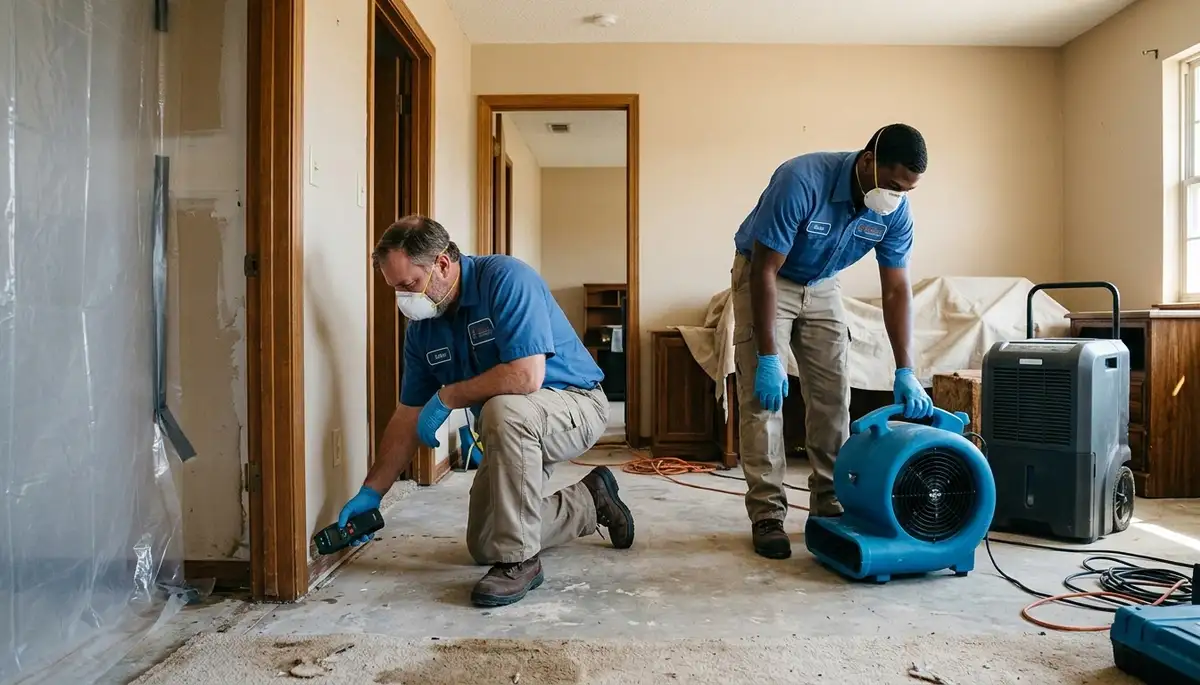 Water damage restoration team in Tulsa, OK inspecting a home for flood and moisture damage