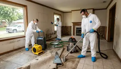 Water damage restoration crew in Tulsa, OK inspecting a flooded property for cleanup and repairs