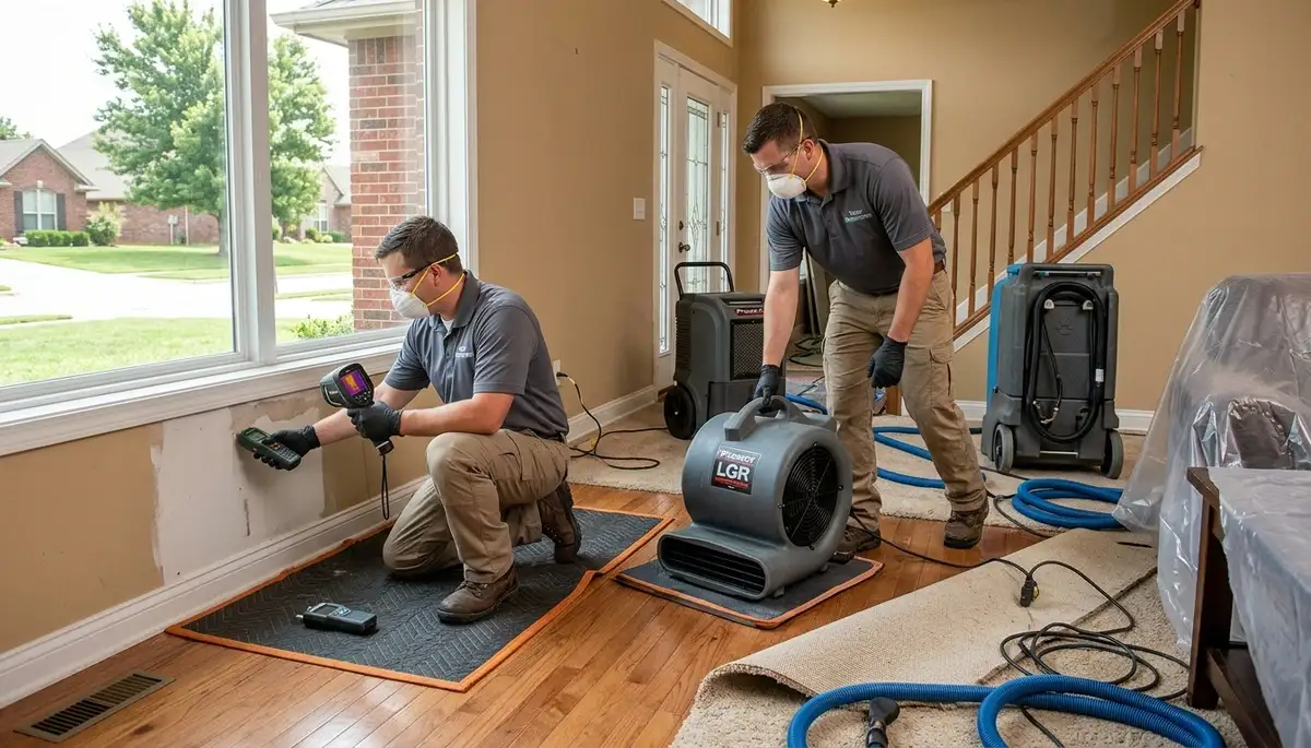 Tulsa, OK water damage restoration team inspecting flood damage in a home