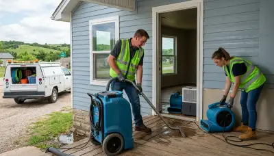 Water damage restoration team in Tulsa, OK inspecting a damaged property for repairs