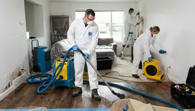 Tulsa, OK water damage restoration team removing flood water from a damaged home interior