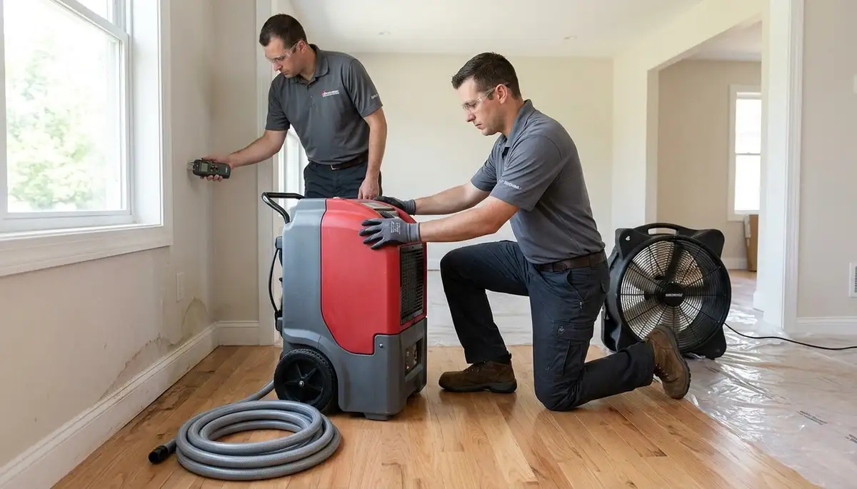 Water damage restoration team in Tulsa, OK inspecting a flooded home for cleanup and drying