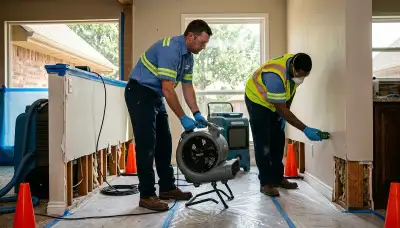 Water damage restoration team in Tulsa, OK drying a flooded home with professional equipment