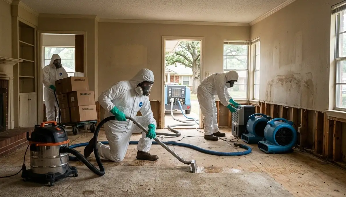 Water damage restoration team serving Tulsa, OK with professional cleanup equipment