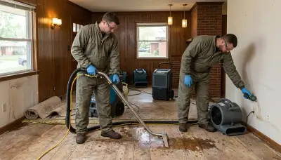 Water damage restoration team in Tulsa, OK inspecting a flooded home for cleanup and repairs