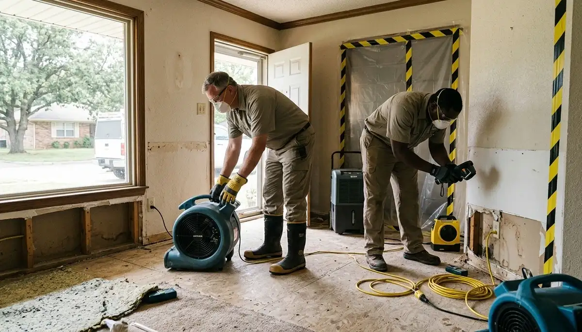 Water damage restoration team in Tulsa, OK handling cleanup and drying for a business property