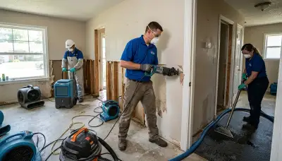 Water damage restoration team in Tulsa, OK inspecting flooded property for cleanup and repair